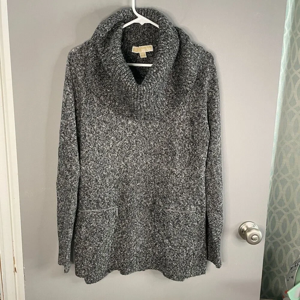 Michael Kors Womens M Marled Cowl Neck Long Sleeve Pullover Sweater Zip Pockets